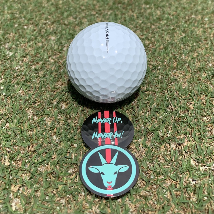 Find your line more easily with the Twice As Nice Ball Marker.

Designed to help Players see lines more clearly prior to putting, the Twice As Nice Ball Marker enables better visualization from behind the putt, increasing confidence over the ball and resulting in more putts holed. 

A cast metal ball marker in gun-metal black.

#NeverUpNeverIn #BeTheGoat #GoatGolf